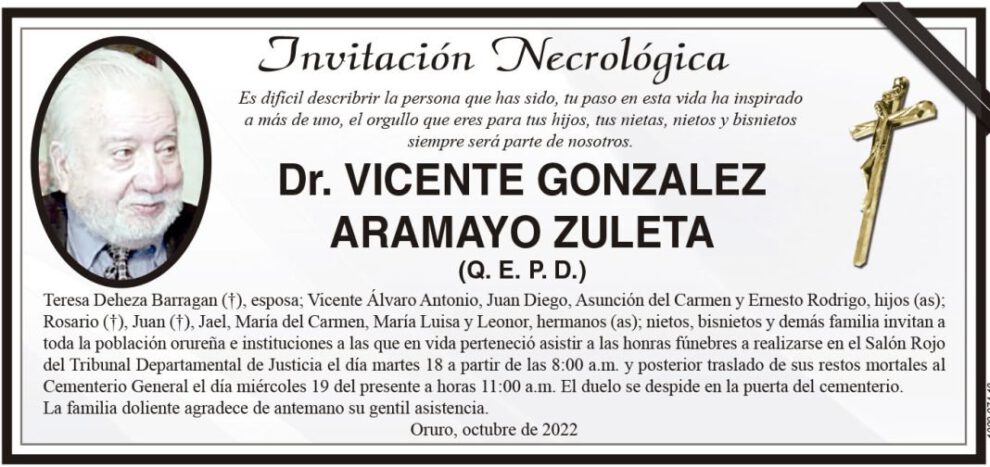 Invitación Necrológica: Dr. Vicente Gonzalez Aramayo Zuleta