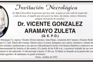 Invitación Necrológica: Dr. Vicente Gonzalez Aramayo Zuleta (Q. E. P. D.)