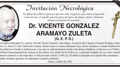 Invitación Necrológica: Dr. Vicente Gonzalez Aramayo Zuleta (Q. E. P. D.)