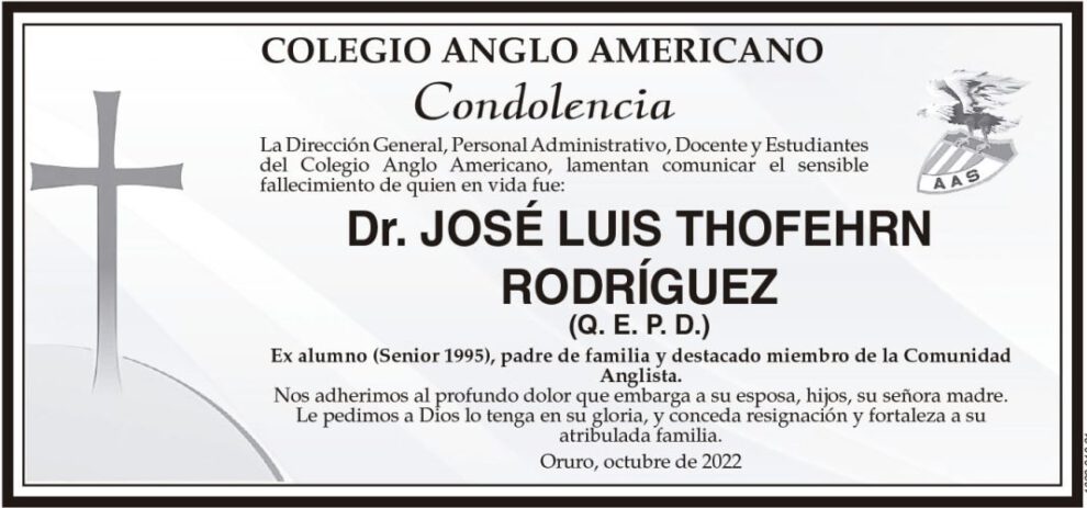 Condolencia por el fallecimiento del Dr. José Luis Thofehrn Rodríguez