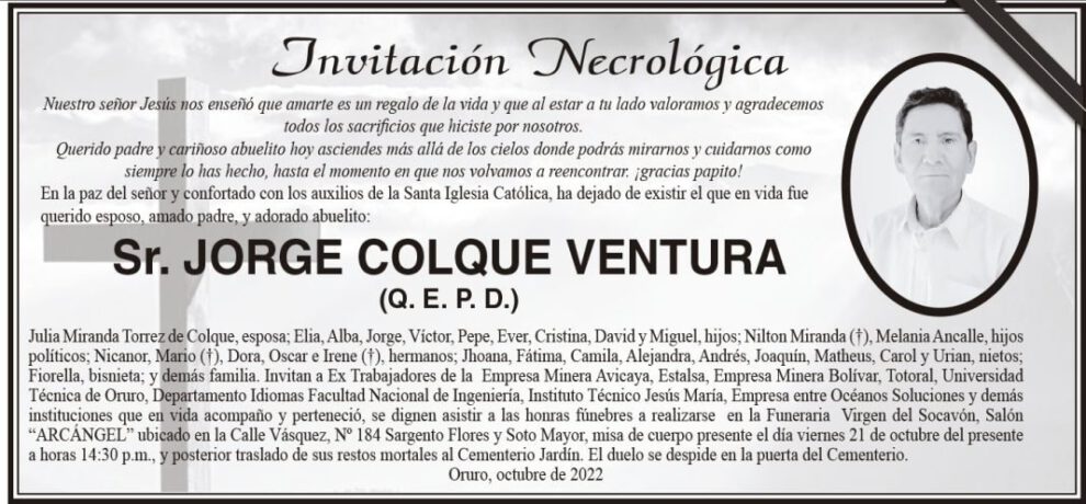 Invitación Necrológica: Jorge Colque Ventura