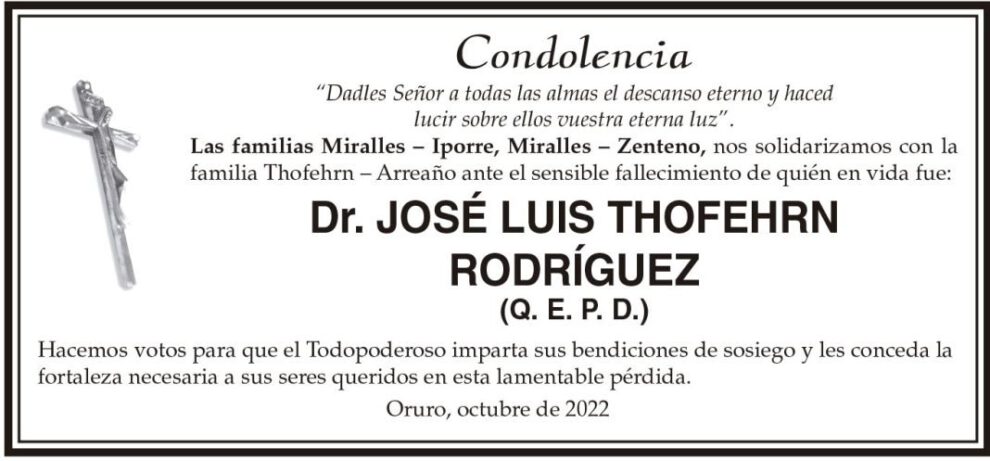 Condolencia por el fallecimiento del Dr. José Luis Thofehrn Rodríguez
