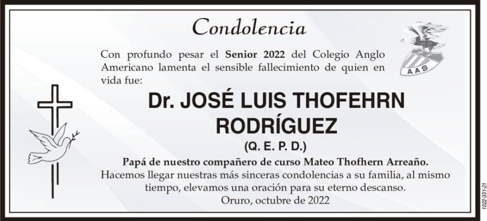 Condolencia por el fallecimiento del Dr. José Luis Thofhern Rodríguez