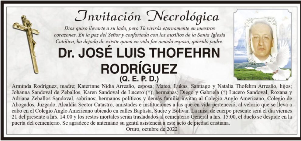Invitación Necrológica: Dr. José Luis Thofehrn Rodríguez