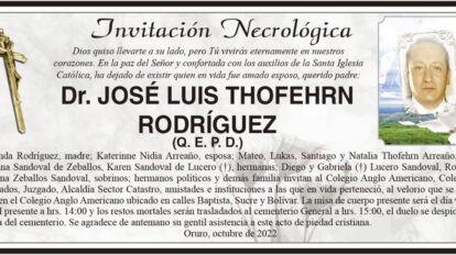 Invitación Necrológica: Dr. José Luis Thofehrn Rodríguez