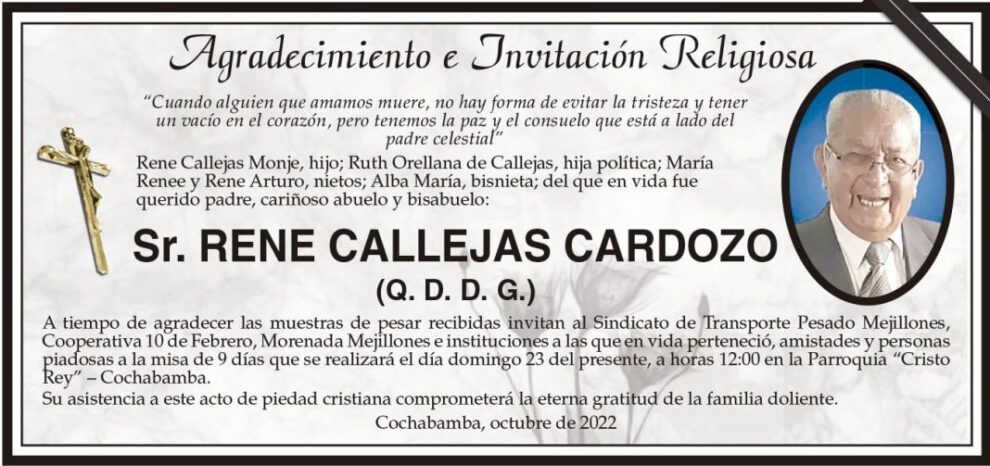 Agradecimiento e Invitación Religiosa por el Sr. Rene Callejas Cardozo