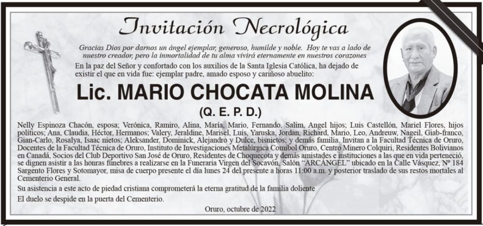 Invitación Necrológica: Lic. Mario Chocata Molina