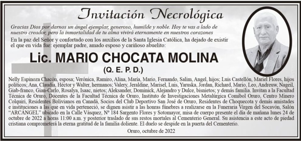 Invitación Necrológica: Lic. Mario Chocata Molina