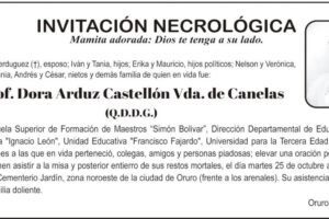 Invitación Necrológica: Prof. Dora Arduz Castellón Vda. de Canelas