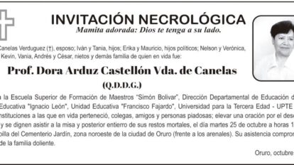 Invitación Necrológica: Prof. Dora Arduz Castellón Vda. de Canelas