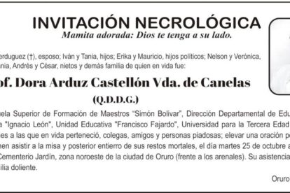 Invitación Necrológica: Prof. Dora Arduz Castellón Vda. de Canelas