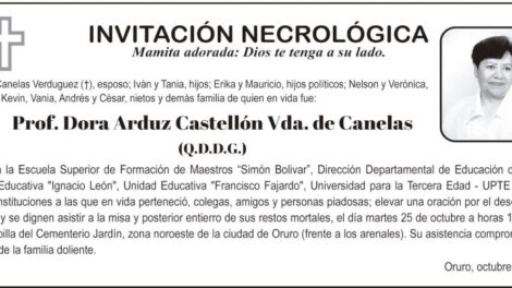 Invitación Necrológica: Prof. Dora Arduz Castellón Vda. de Canelas