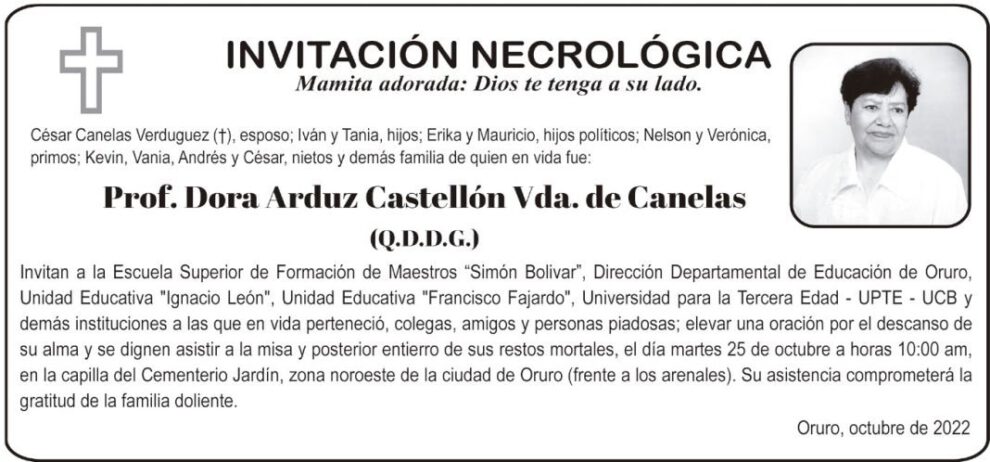 Invitación Necrológica: Prof. Dora Arduz Castellón Vda. de Canelas