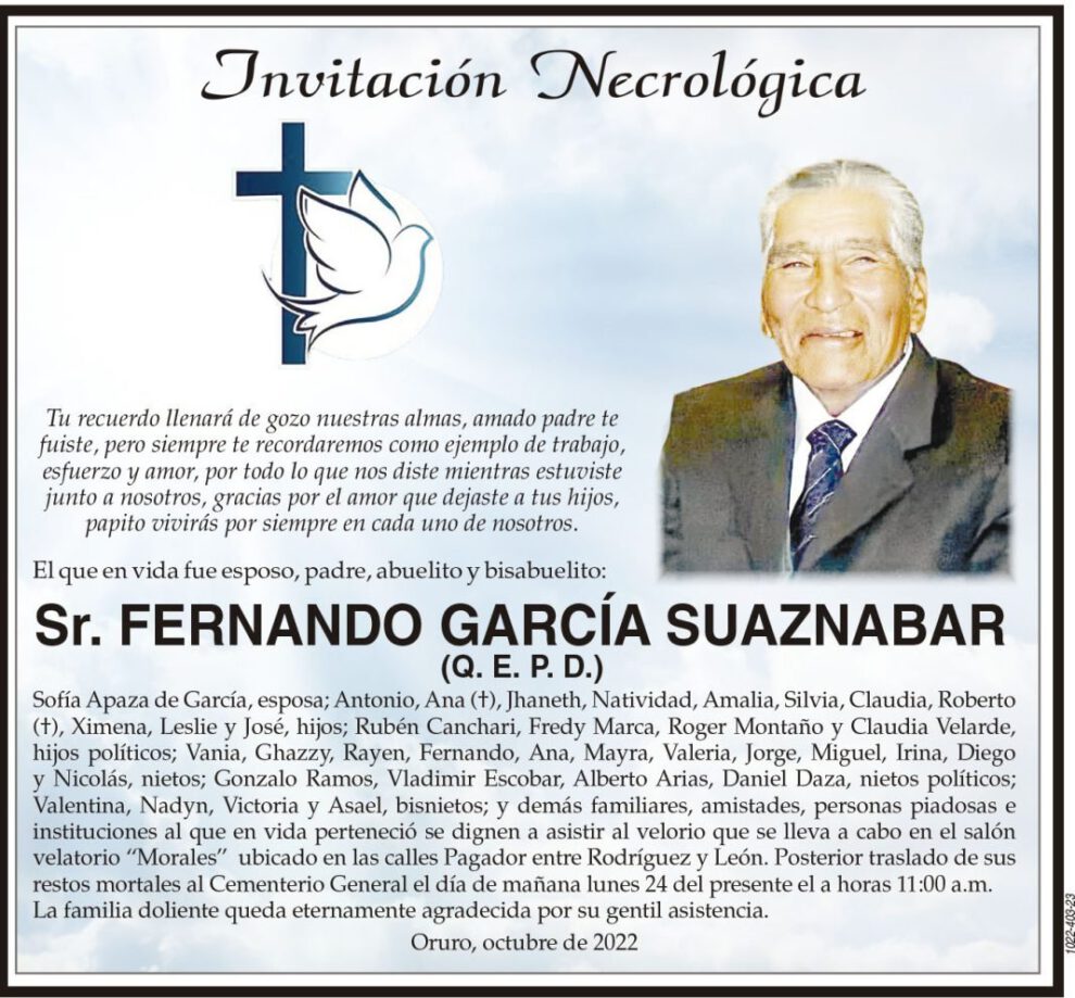 Invitación Necrológica de Fernando García Suaznabar