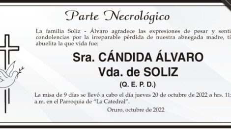 Parte Necrológico de Cándida Álvaro Vda. de Soliz