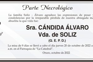 Parte Necrológico de Cándida Álvaro Vda. de Soliz