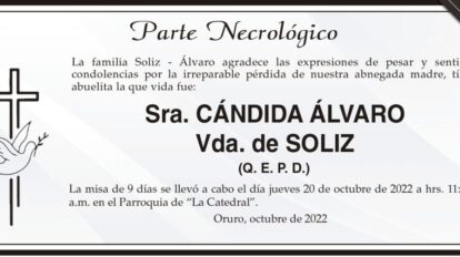 Parte Necrológico de Cándida Álvaro Vda. de Soliz
