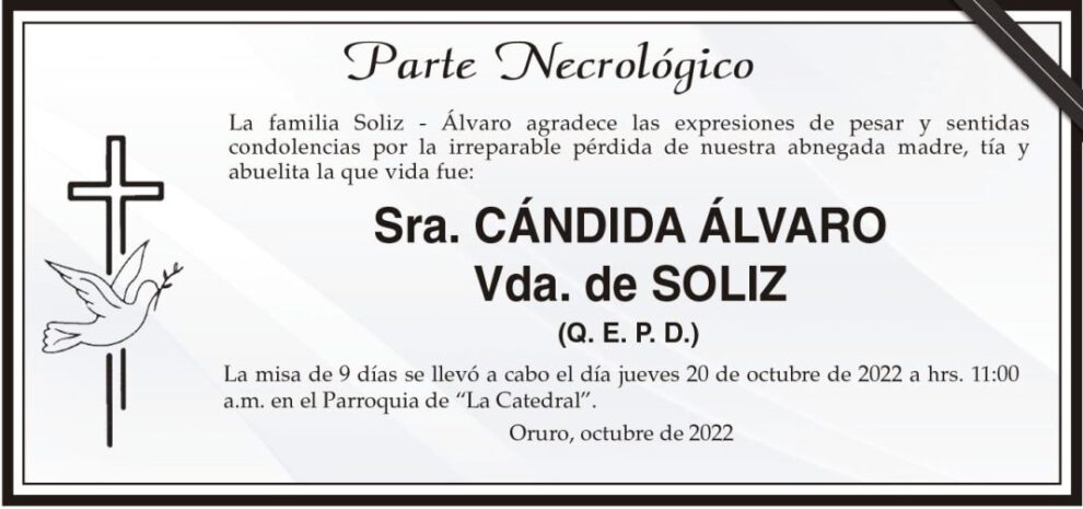 Parte Necrológico de Cándida Álvaro Vda. de Soliz
