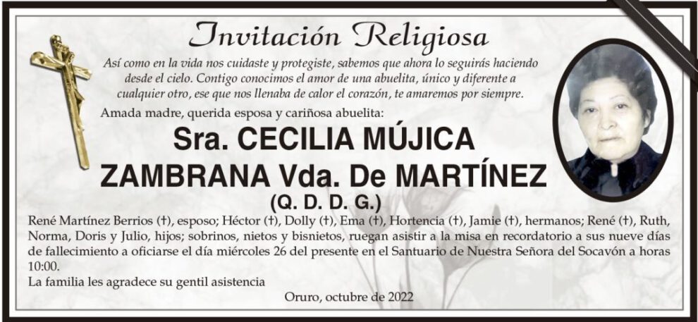 Cecilia Mújica Zambrana, invitación religiosa en su memoria