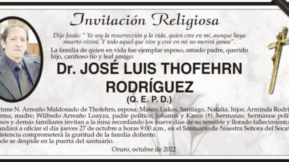 Invitación Religiosa para Dr. José Luis Thofehrn Rodríguez