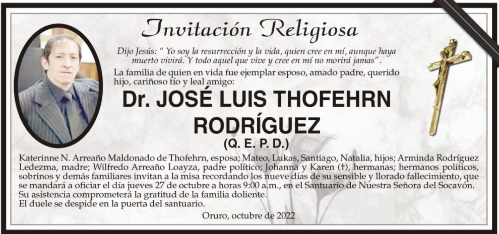 Invitación Religiosa para Dr. José Luis Thofehrn Rodríguez
