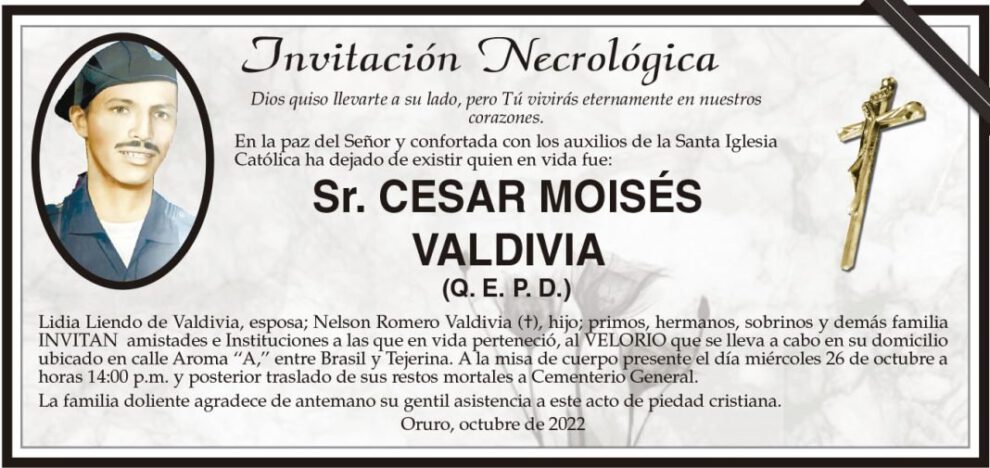 Invitación Necrológica para Cesar Moisés Valdivia