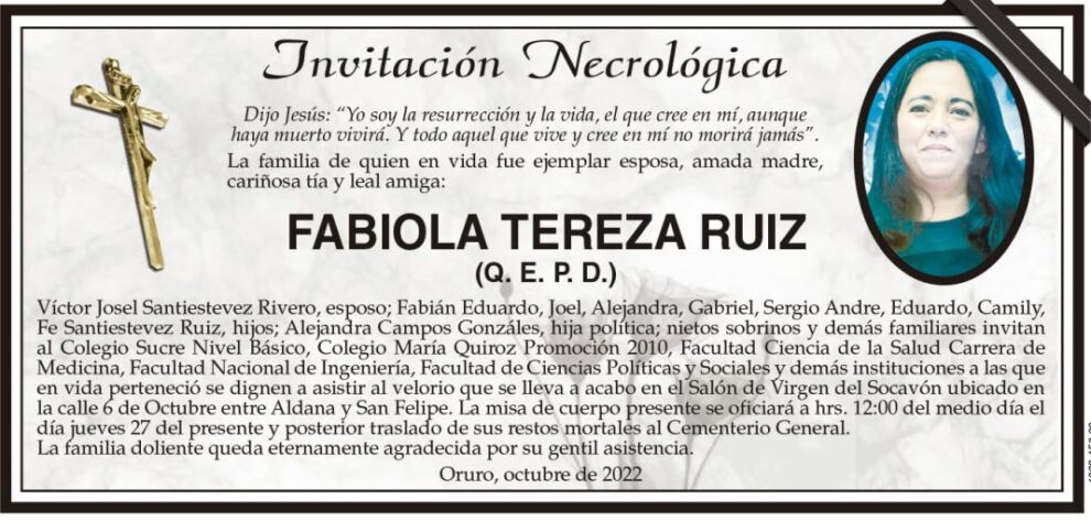 Invitación Necrológica para Fabiola Tereza Ruiz