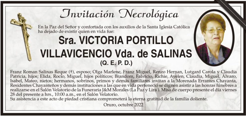 Invitación Necrológica de Victoria Portillo Villavicencio