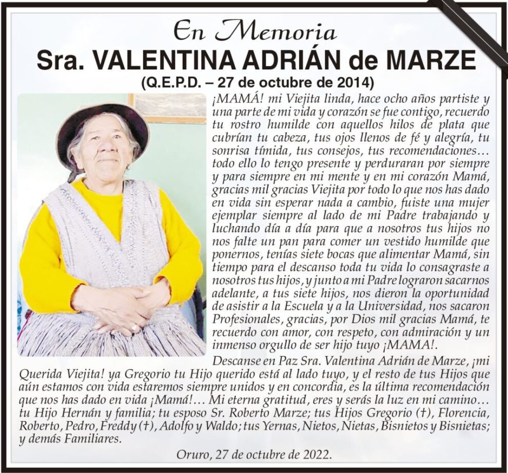 Obituario de Valentina Adrián de Marze