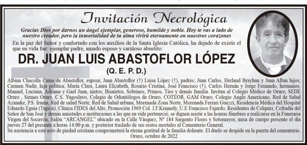Invitación Necrológica Dr. Juan Luis Abastoflor López