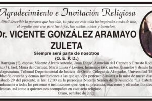 Agradecimiento e Invitación Religiosa: Dr. Vicente González Aramayo Zuleta