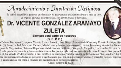 Agradecimiento e Invitación Religiosa: Dr. Vicente González Aramayo Zuleta