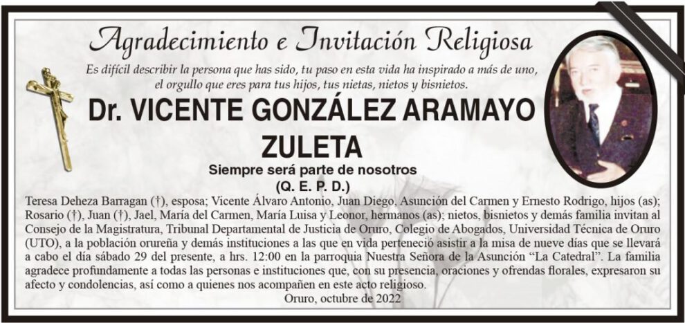 Agradecimiento e Invitación Religiosa: Dr. Vicente González Aramayo Zuleta