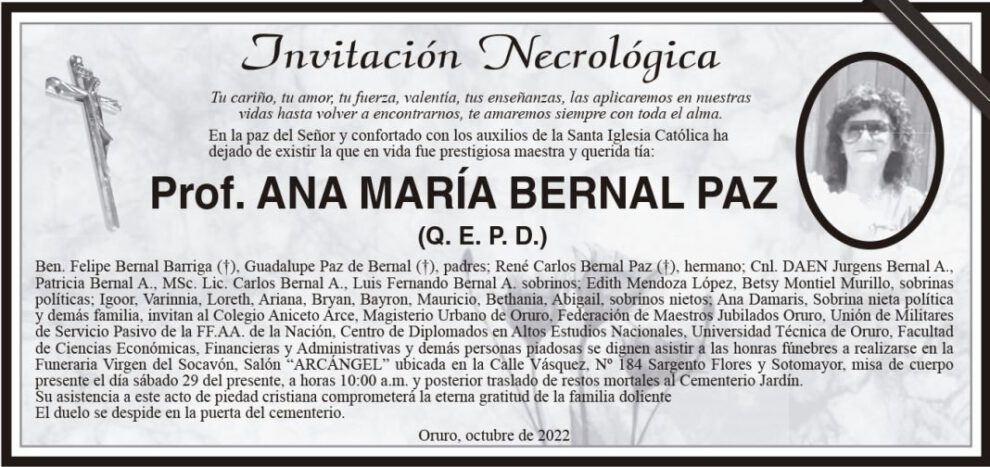 Invitación necrológica para Prof. Ana María Bernal Paz