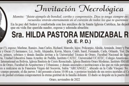 Invitación Necrológica de Hilda Pastora Mendizabal Rojas
