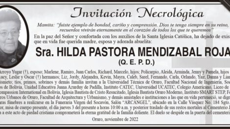 Invitación Necrológica de Hilda Pastora Mendizabal Rojas
