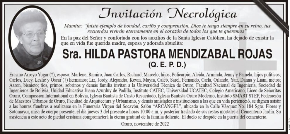 Invitación Necrológica de Hilda Pastora Mendizabal Rojas