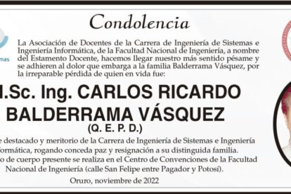 Condolencia por la pérdida de Carlos Ricardo Balderrama Vásquez