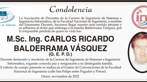 Condolencia por la pérdida de Carlos Ricardo Balderrama Vásquez