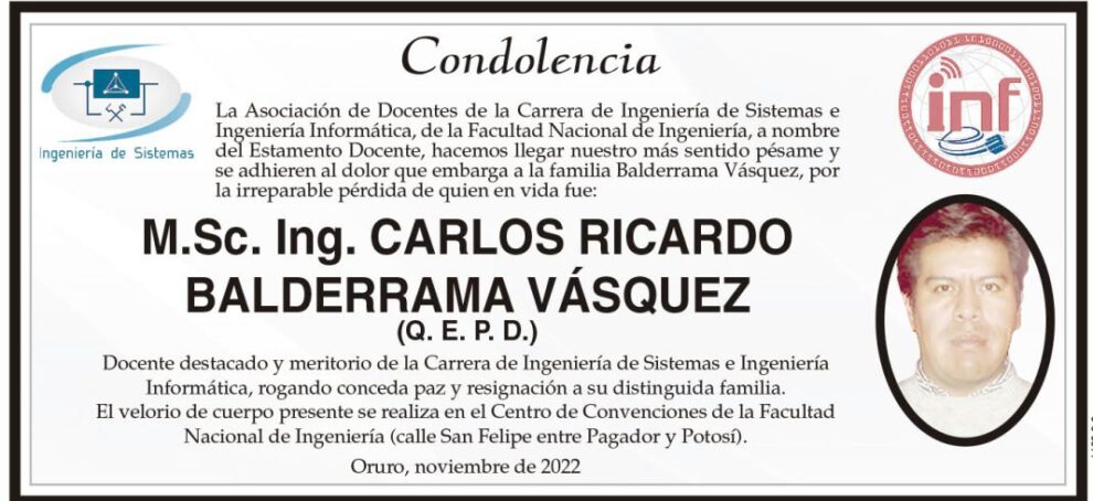 Condolencia por la pérdida de Carlos Ricardo Balderrama Vásquez