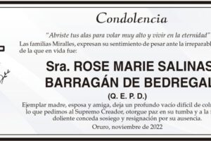 Condolencia por la pérdida de Rose Marie Salinas Barragán de Bedregal