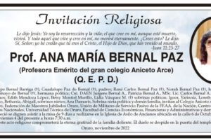 Invitación religiosa en memoria de Prof. Ana María Bernal Paz