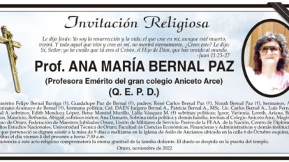 Invitación religiosa en memoria de Prof. Ana María Bernal Paz