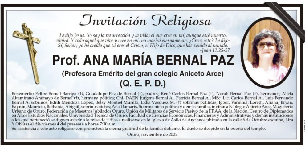 Invitación religiosa en memoria de Prof. Ana María Bernal Paz