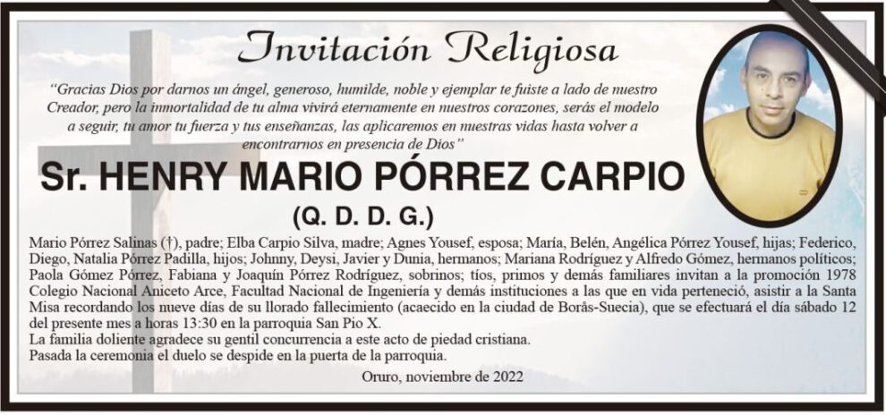 Invitación Religiosa para Henry Mario Pórrez Carpio