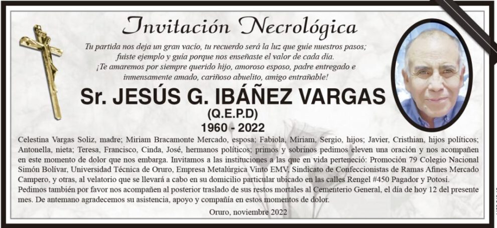 Invitación Necrológica: Sr. Jesús G. Ibáñez Vargas (Q.E.P.D) 1960 - 2022
