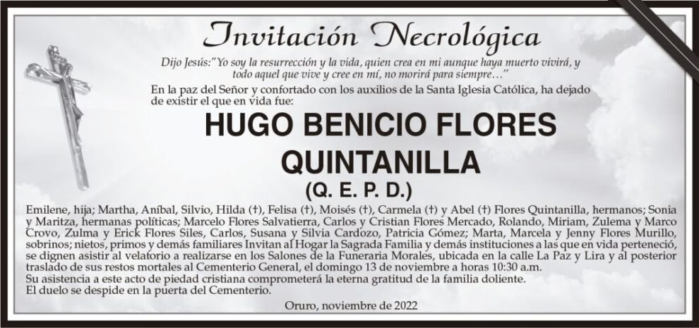 Invitación Necrológica de Hugo Benicio Flores Quintanilla