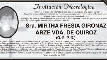 Invitación Necrológica de Mirtha Fresia Gironaz Arze