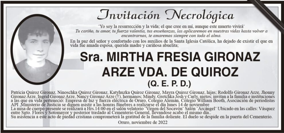 Invitación Necrológica de Mirtha Fresia Gironaz Arze