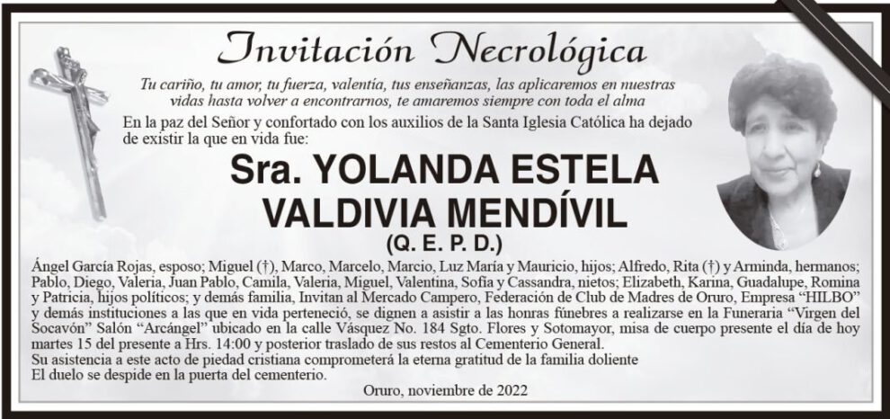 Invitación Necrológica de Yolanda Estela Valdivia Mendívil